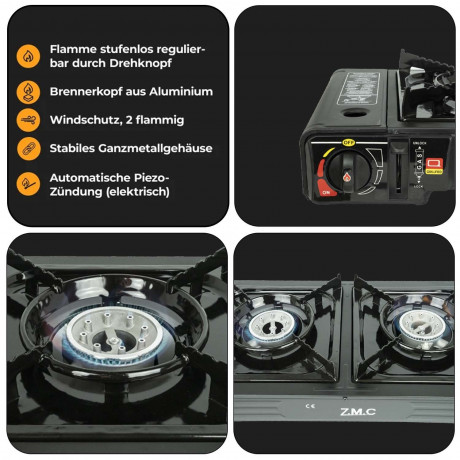ZMC ZMC Gaskocher 2in1 Campingkocher mit Grillplatte 2 Flammig + 4x Gaskartuschen 227g, (mit Piezozundung Grill Platte Tischgrill Doppel Gasbrenner Gasgrill Kochfeld mit LPG Anschluss Warmeleistung: 2,3KW), Outdoor Camping Gas Kocher Butan Gas Gaskocher H