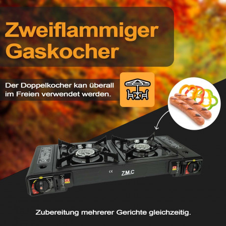 ZMC ZMC Gaskocher Doppel Kartuschenkocher Gaskocher 2 Flammig + 16x Gaskartuschen 227g, (mit automatische Piezo-Zundung Warmeleistung: 2,3KW), Outdoor Gas Campingkocher 2Fach Gasherd Ofen Butan Kochfeld Gas Kocher Газовая плита ZMC с двойным картриджем,