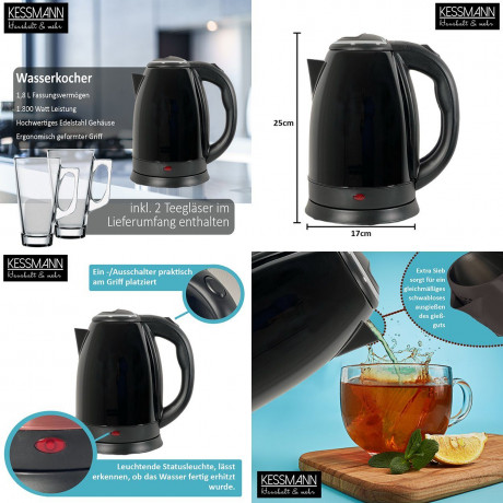 KESSMANN LENTZ KESSMANN LENTZ Wasserkocher Edelstahl 1,8 L mit Abschaltautomatik elektrischer Kettle 2 Teeglaser, 1.8 l, 1800,00 W, Wasseraufbereiter Schnelles aufheizen Wasser heizen kochen Aufwarmen Чайник KESSMANN LENTZ нержавеющая сталь 1,8 л с автом