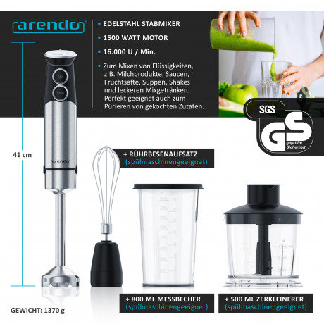 Arendo Arendo Stabmixer, 1500 W, Purierstab Edelstahl Set, stufenlose Geschwindigkeit + Turbotaste Ручной блендер Arendo, 1500 Вт, набор очищающих стержней из нержавеющей стали, постоянная скорость + кнопка турбо.