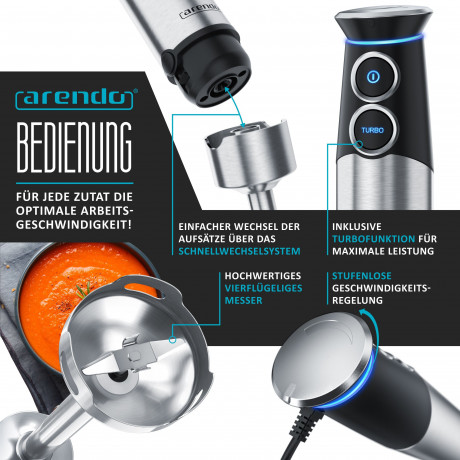 Arendo Arendo Stabmixer, 1500 W, Purierstab Edelstahl Set, stufenlose Geschwindigkeit + Turbotaste Ручной блендер Arendo, 1500 Вт, набор очищающих стержней из нержавеющей стали, постоянная скорость + кнопка турбо.