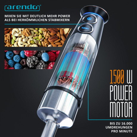 Arendo Arendo Stabmixer, 1500 W, Purierstab Edelstahl Set, stufenlose Geschwindigkeit + Turbotaste Ручной блендер Arendo, 1500 Вт, набор очищающих стержней из нержавеющей стали, постоянная скорость + кнопка турбо.