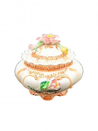 Сахарница/бонбоньерка с крышкой винтажная Capodimonte Nove, с объемным цветочным декором, фарфор, 17 х 14 см, Италия, 1960-70гг.