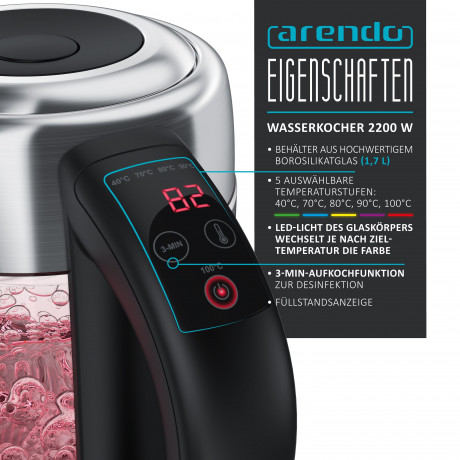 Arendo Arendo Wasserkocher, 1,7 l, 2200 W, Edelstahl mit Glaskorper, Temperaturwahl 40°C 100°C, Aufkochfunktion  Чайник Arendo, 1,7 л, 2200 Вт, нержавеющая сталь, стеклянный корпус, выбор температуры 40°С 100°С, функция кипячения.