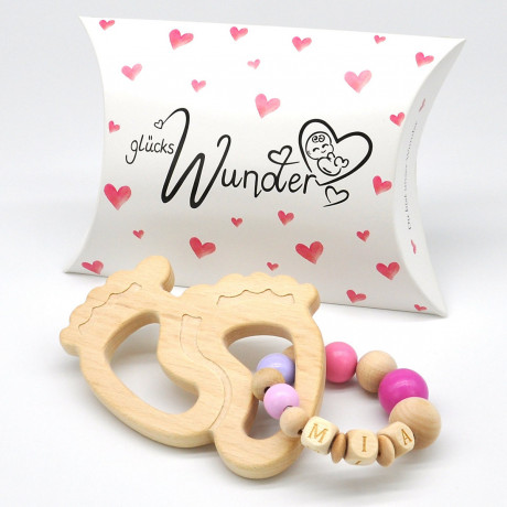 glucksWunder Holz Greifling Beissring Babyfusschen Buche personalisiert mit Name in Geschenkverpackung Деревянное кольцо для прорезывания зубов детские ножки бук персонализированное с именем в подарочной коробке