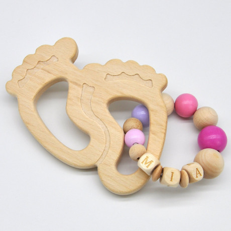 glucksWunder Holz Greifling Beissring Babyfusschen Buche personalisiert mit Name in Geschenkverpackung Деревянное кольцо для прорезывания зубов детские ножки бук персонализированное с именем в подарочной коробке