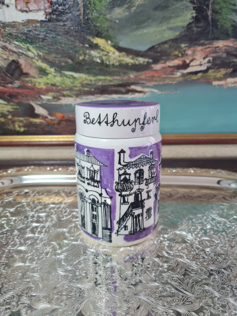 Баночка для хранения винтажная Goebel с крышкой, сиренево-белая, фарфор, 12 см, Германия, 1970-80гг.