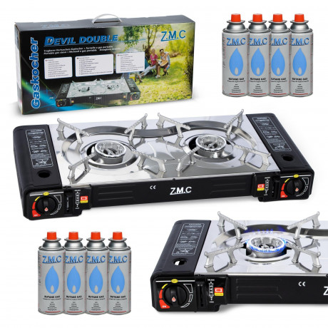ZMC ZMC Gaskocher Doppel Kartuschenkocher Gaskocher 2 Flammig + 8x Gaskartuschen 227g, (MSF-1a automatische Piezo-Zundung (elektrisch) Herd Butangas), Outdoor Gas Campingkocher 2Fach Gasherd Ofen Butan Kochfeld Gas Kocher Газовая плита ZMC с двойным карт