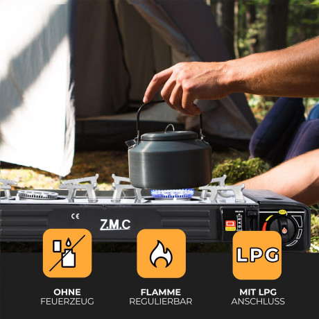 ZMC ZMC Gaskocher Doppel Kartuschenkocher Gaskocher 2 Flammig + 8x Gaskartuschen 227g, (MSF-1a automatische Piezo-Zundung (elektrisch) Herd Butangas), Outdoor Gas Campingkocher 2Fach Gasherd Ofen Butan Kochfeld Gas Kocher Газовая плита ZMC с двойным карт