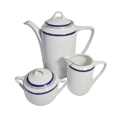 Сервиз чайный винтажный Eamag Alt Schonwald на 4 персоны, с синей и золотой полосой, фарфор, Германия, 1960-70гг.