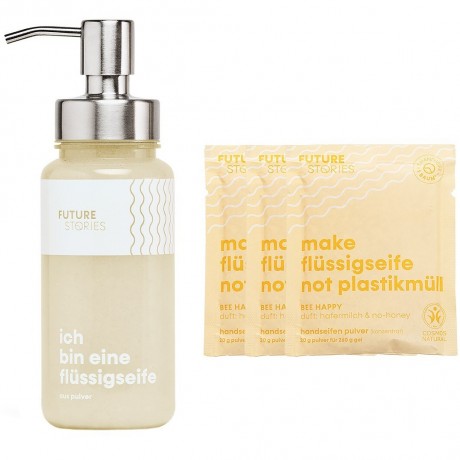 FUTURE STORIES Vorteilskit 3er Set Flussigseifen Pulver Hafermilch & No-Honey inkl. Pumpspender  Набор Advantage Kit из 3 жидких мыльных порошков с овсяным молоком и без меда, включая помпу-дозатор