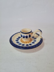 Подсвечник винтажный K L, керамика с ручной росписью в бело-сине-желтых тонах, 6 x 12 см, Германия, 1960-70гг.