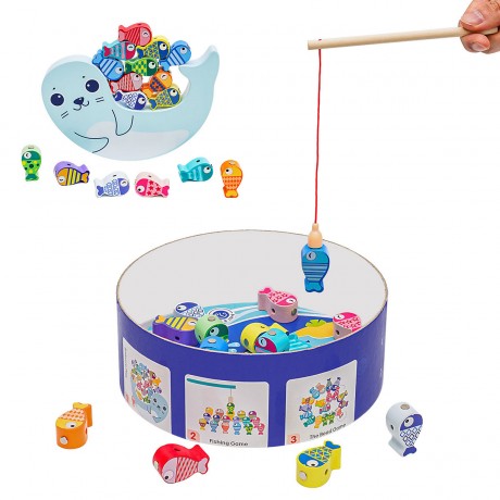 Arkmiido Holz Angelspiel mit 18 magnetische Fische Деревянная рыбалка с 18 магнитными рыбками
