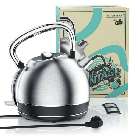 Arendo Arendo Wasserkocher, 1,7 l, 2200 W, Edelstahl Retro Style Vintage, Uberhitzung  Trockenkochschutz, silber  Чайник Arendo, 1,7 л, 2200 Вт, нержавеющая сталь, винтажный ретро-стиль, защита от перегрева, защита от выкипания, серебристый