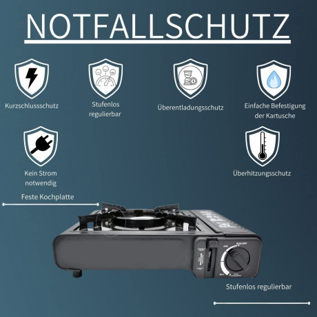 JUNG JUNG Gaskocher mobiler Campingkocher Gaskocher + 4 Kartuschen Gas, Autark verwendbar, (Gaskocher Notfall, Kartuschenkocher, Butangaskocher, praktischem Transportkoffer, erhitzen  aufwarmen Lebensmittel), mobiler Gaskocher, Outdoor geeignet Camping Ko