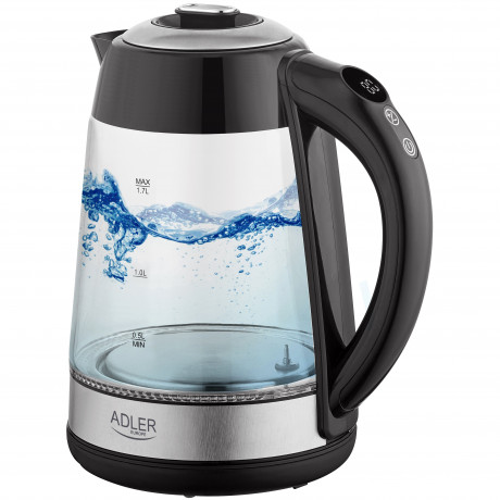 JUNG JUNG Wasserkocher ADLER AD1285, Wasserkocher mit Temperatureinstellung 40-100°C Digital, 1.7 l, 2200 W, Glas mit Edelstahl, LED Beleuchtung LCD Display, 360° Basis Kettle Чайник JUNG ADLER AD1285, чайник с регулировкой температуры 40-100°C, цифрово