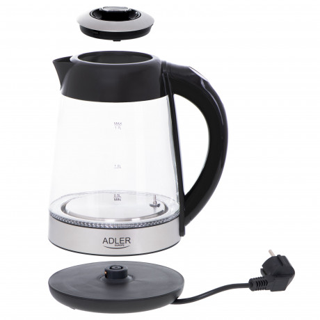 JUNG JUNG Wasserkocher ADLER AD1285, Wasserkocher mit Temperatureinstellung 40-100°C Digital, 1.7 l, 2200 W, Glas mit Edelstahl, LED Beleuchtung LCD Display, 360° Basis Kettle Чайник JUNG ADLER AD1285, чайник с регулировкой температуры 40-100°C, цифрово