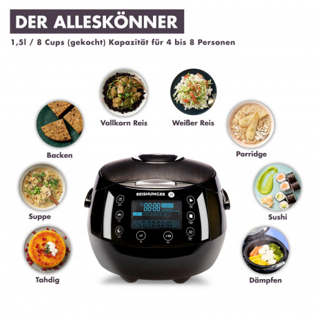 Reishunger Reishunger Reiskocher Digitaler Reiskocher Dampfgarer, 860 W, Timer- und Warmhaltefunktion, 7-Kochphasen-Technologie, LED-Display Grau mit Kochbuch Рисоварка Reishunger цифровая рисоварка-пароварка, 860 Вт, таймер и функция поддержания тепла,