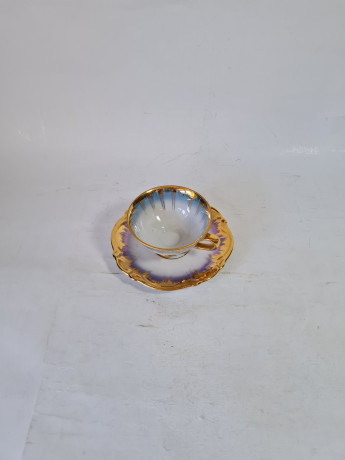 Кофейная пара винтажная RW Bavaria, бело-синий фарфор с декором и обильной позолотой, 9 x 4,5 см / 12 см, Германия, 1960-70гг.