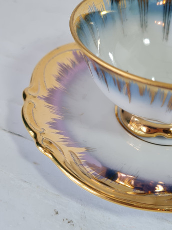 Кофейная пара винтажная RW Bavaria, бело-синий фарфор с декором и обильной позолотой, 9 x 4,5 см / 12 см, Германия, 1960-70гг.