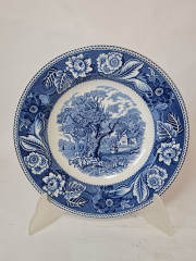 Набор тарелок винтаж Burslem England Woodland, фарфор с пейзажем и растительным декором в синих тонах, 4 шт х 23 x 3,5 см, Англия, 1960-70гг.