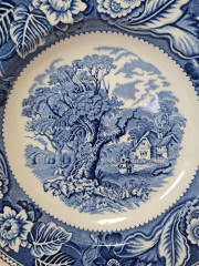 Набор тарелок винтаж Burslem England Woodland, фарфор с пейзажем и растительным декором в синих тонах, 4 шт х 23 x 3,5 см, Англия, 1960-70гг.