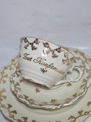 Чайное трио винтажное Waldershof Bavaria, бело-золотой декор и надпись, фарфор, Германия, 1960-70гг.