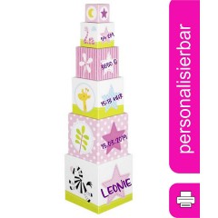 goki Stapelwurfel \/ Stapelturm Safari rosa mit Name personalisiert Штабелируемые кубики / штабелирующая башня Сафари розовый персонализированный с именем