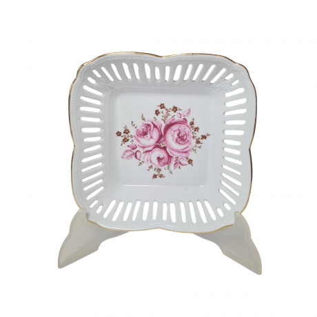 Weimar Квадратное фарфоровое блюдо с ажурным краем и цветочным рисунком "Розовые розы", 17 x 5 см, Германия, 1960-70гг.