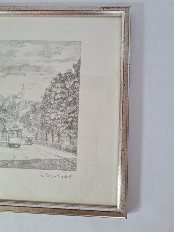 Картина в раме винтажная в черно-белых тонах "Бопсер" Brukner Stuttgart, 31,5 x 42 см, Германия, 1960-70гг.