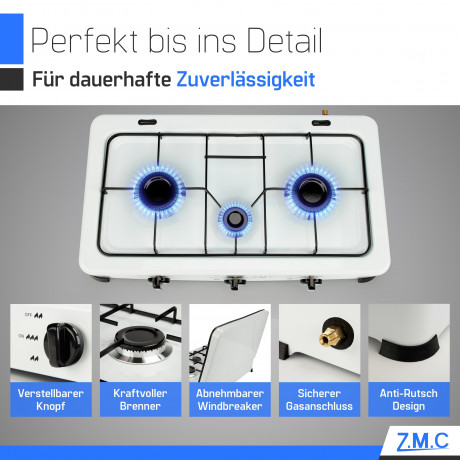 ZMC ZMC Gaskocher Tragbarer Gaskocher Campingkocher 3-flammig inkl. Schlauch und Regler, 5,4 kW 50 mBar Outdoor Gasherd Kochfeld Herd Propangas Tischkocher Газовая плита ZMC, переносная газовая плита, походная плита, 3 пламени, включая шланг и регулятор,