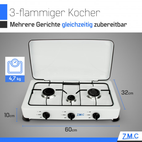 ZMC ZMC Gaskocher Tragbarer Gaskocher Campingkocher 3-flammig inkl. Schlauch und Regler, 5,4 kW 50 mBar Outdoor Gasherd Kochfeld Herd Propangas Tischkocher Газовая плита ZMC, переносная газовая плита, походная плита, 3 пламени, включая шланг и регулятор,