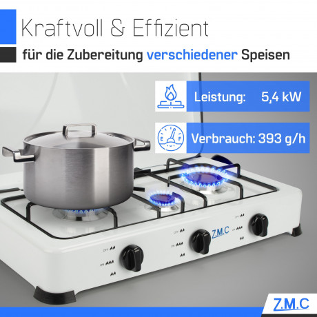 ZMC ZMC Gaskocher Tragbarer Gaskocher Campingkocher 3-flammig inkl. Schlauch und Regler, 5,4 kW 50 mBar Outdoor Gasherd Kochfeld Herd Propangas Tischkocher Газовая плита ZMC, переносная газовая плита, походная плита, 3 пламени, включая шланг и регулятор,