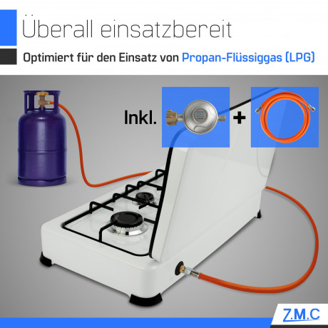 ZMC ZMC Gaskocher Tragbarer Gaskocher Campingkocher 3-flammig inkl. Schlauch und Regler, 5,4 kW 50 mBar Outdoor Gasherd Kochfeld Herd Propangas Tischkocher Газовая плита ZMC, переносная газовая плита, походная плита, 3 пламени, включая шланг и регулятор,