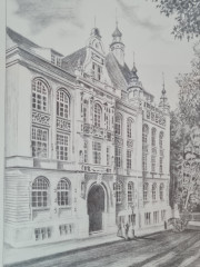 Картина в раме винтажная в черно-белых тонах &quot;Королевский дворец&quot; Brukner Stuttgart, 31,5 x 42 см, Германия, 1960-70гг.