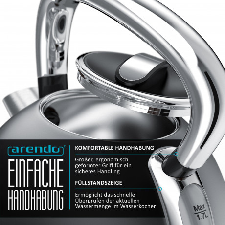 Arendo Arendo Wasserkocher, 1,7 l, 2200 W, Edelstahl, Retro Style Vintage, Uberhitzungs  Trockenkochschutz, grau  Чайник Arendo, 1,7 л, 2200 Вт, нержавеющая сталь, винтажный ретро-стиль, защита от перегрева при сухом кипячении, серый