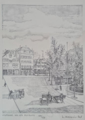 Картина в раме винтажная в черно-белых тонах &quot;Старая площадь&quot; Brukner Stuttgart, 31,5 x 42 см, Германия, 1960-70гг.