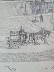 Картина в раме винтажная в черно-белых тонах &quot;Старая площадь&quot; Brukner Stuttgart, 31,5 x 42 см, Германия, 1960-70гг.