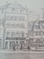 Картина в раме винтажная в черно-белых тонах &quot;Старая площадь&quot; Brukner Stuttgart, 31,5 x 42 см, Германия, 1960-70гг.