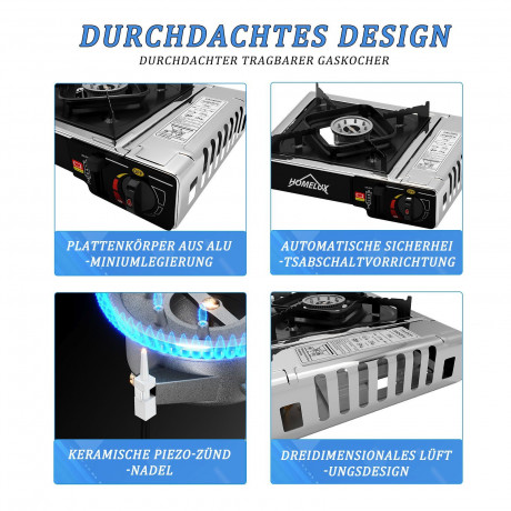 HOMELUX HOMELUX Gaskocher Edelstahl Campingkocher 2,2 KW mit 227g Gaskartuschen Gas Kocher, (8-St), 2,2 KW  Газовая плита HOMELUX походная из нержавеющей стали, 2,2 кВт, с газовыми баллонми 227 г, газовая плита, (8 шт.), 2,2 кВт