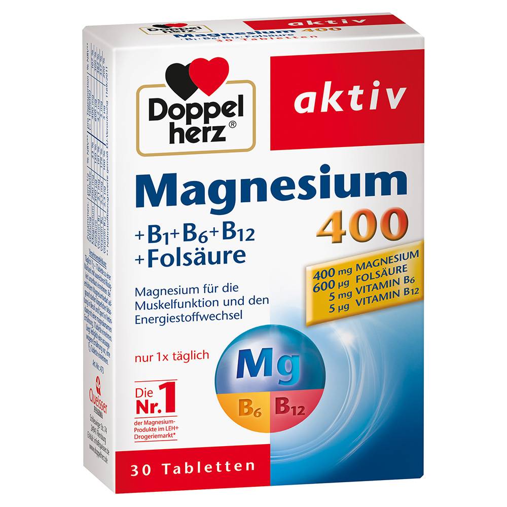 Купить Doppelherz (Доппельхерц) aktiv Magnesium 400 + B1 + B6 + B12 +  Folsaure Tabletten 30 шт в интернет-магазине Diskontshop.eu Германия всего  за €4,98 в