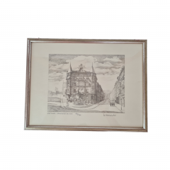 Картина в раме винтажная в черно-белых тонах &quot;Фонтан&quot; Brukner Stuttgart, 31,5 x 42 см, Германия, 1960-70гг.