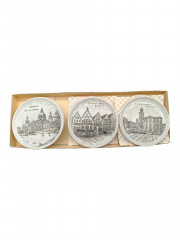 Набор декоративных тарелок винтажных Furstenberg &quot;Немецкие города&quot;, в заводской упаковке, фарфор, 6 шт., 9.5 см, Германия, 1970-80гг.