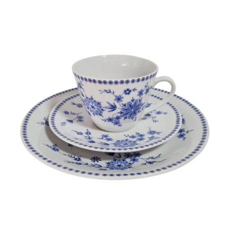 Набор для чая с синим растительным декором Seltmann Weiden Bavaria винтажный, чайное трио, 4 штуки, фарфор, Германия, 1960-70гг.