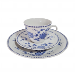 Набор для чая с синим растительным декором Seltmann Weiden Bavaria винтажный, чайное трио, 4 штуки, фарфор, Германия, 1960-70гг.