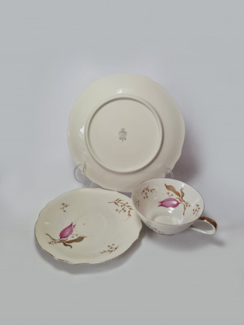 Wunsiedel Bavaria Чайное трио с позолоченным ободком "Розовые цветы и бутоны", Германия, 1960-70гг.