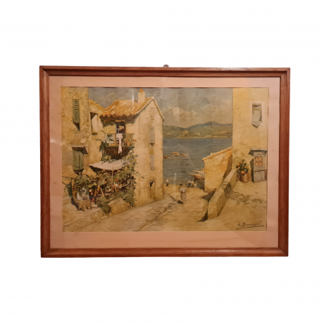 Картина винтажная /  репродукция E.Beauggier "Домик у моря", 66 х 50.5 см, Германия, 1980-90гг.