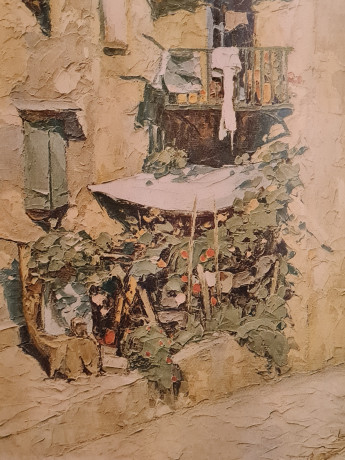 Картина винтажная /  репродукция E.Beauggier "Домик у моря", 66 х 50.5 см, Германия, 1980-90гг.