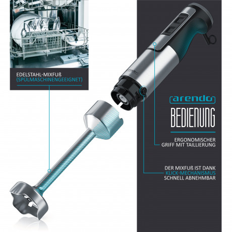 Arendo Arendo Stabmixer, 1000 W, Edelstahl Purierstab mit Messbecher, Handmixer, stufenlose Regelung, Arendo Stabmixer mit starkem 1000 Watt Motor inkl. Messbeser Ручной блендер Arendo, 1000 Вт, очищающий стержень из нержавеющей стали с мерным стаканом,