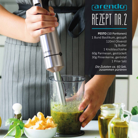 Arendo Arendo Stabmixer, 1000 W, Edelstahl Purierstab mit Messbecher, Handmixer, stufenlose Regelung, Arendo Stabmixer mit starkem 1000 Watt Motor inkl. Messbeser Ручной блендер Arendo, 1000 Вт, очищающий стержень из нержавеющей стали с мерным стаканом,